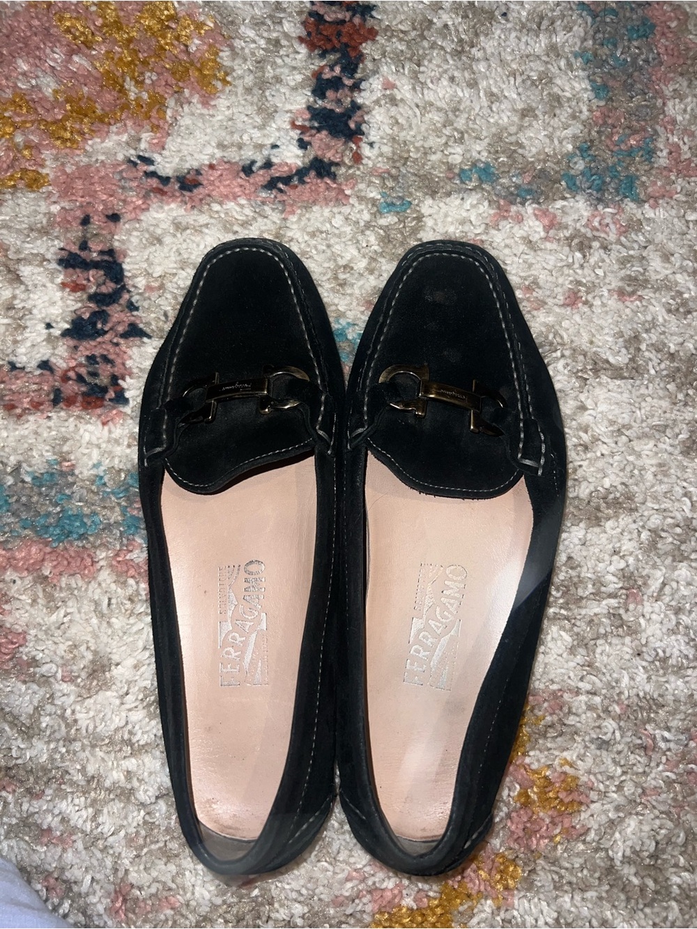 Salvatore Ferragamo Black Suede Loafers with Gold Hardware